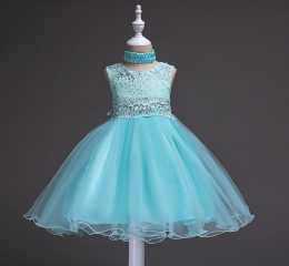 Children Clothing Neck Circle Cyan Wedding Wear for Kids Elegant Short Evening Dress with Crystals for Girls
