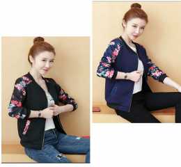 Fashion Women Coat Retro Floral Zipper Bomber Jacket Baseball Casual Coats Outwear Autumn Fashion Women Overcoats Red